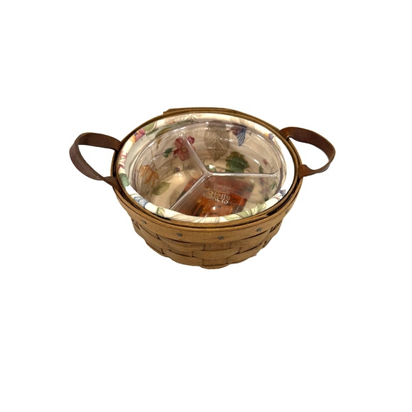 1985 Longberger Button Basket w/Divided Divider & Botanical Fields Liner Vintage - Picture 1 of 4